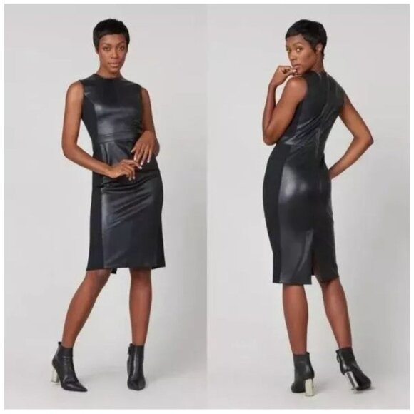SPANX Dress Black Leather Like Combo Fitted M Delux Sheath Sleeveless 2039 - Picture 2 of 16